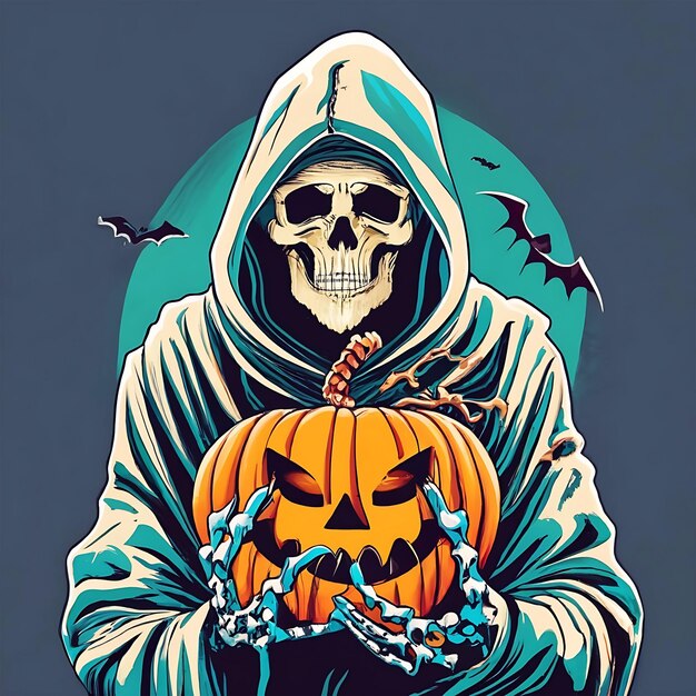 El esqueleto de Halloween que sostiene calabazas La IA genera una plantilla de diseño de ilustración