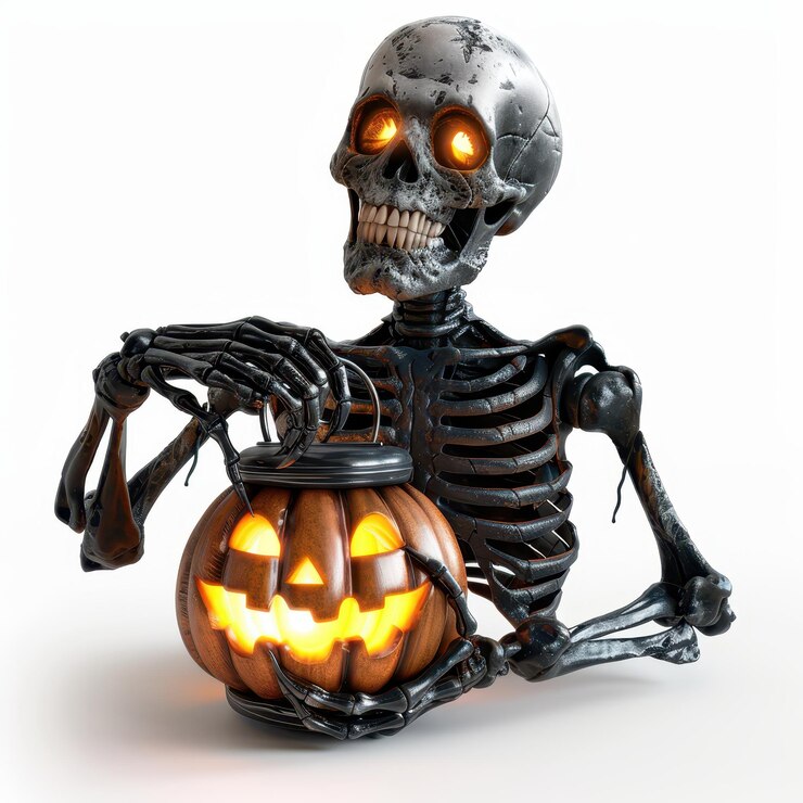 Esqueleto de Halloween sosteniendo una linterna al lado de una calabaza tallada en un fondo blanco aislado