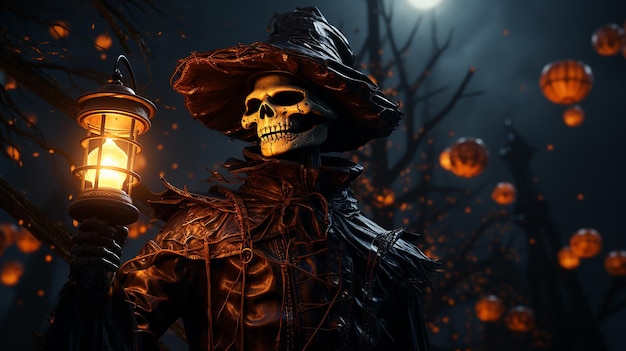 Esqueleto de Halloween sosteniendo una linterna en una pancarta de madera en una noche espeluznante