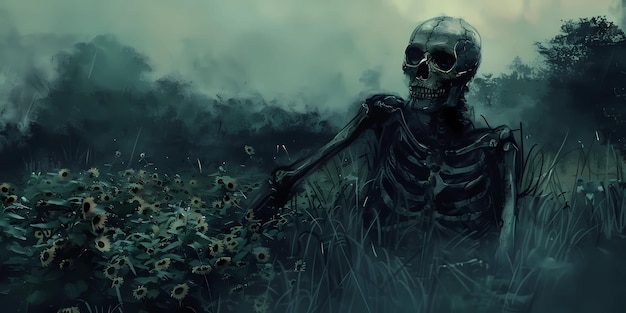 un esqueleto en la hierba con flores y hierba