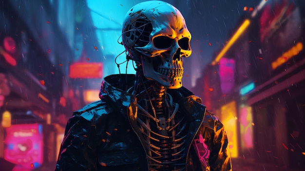 Esqueleto humano arte colorida encantadora estilo cyberpunk fundo de cidade de néon