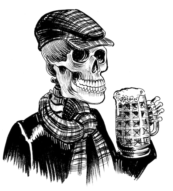 Esqueleto humano bebiendo una jarra de cerveza Dibujo en blanco y negro de tinta