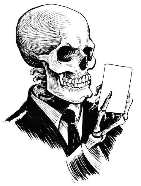 Esqueleto humano com cartas de baralho. Desenho de tinta preto e branco