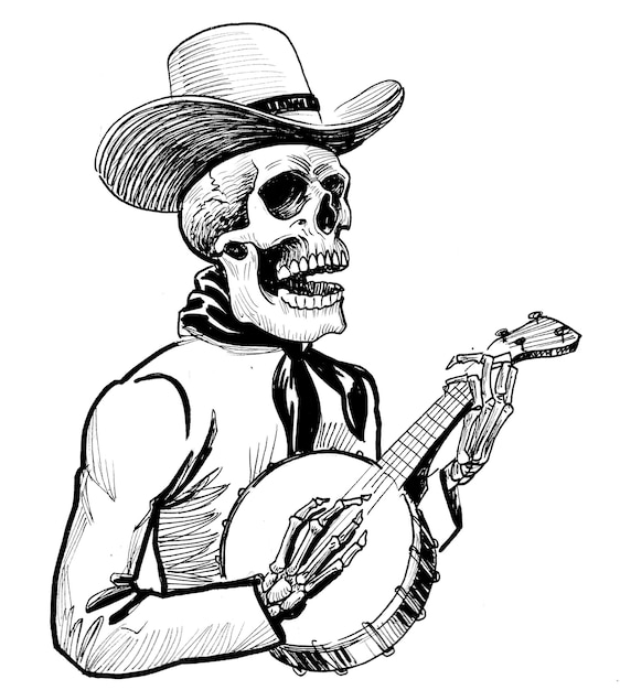 Esqueleto humano com chapéu de cowboy tocando banjo. Desenho de tinta preto e branco