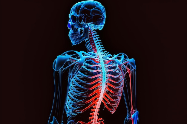 Esqueleto humano com espinha iluminada por luzes de néon vermelhas e azuis