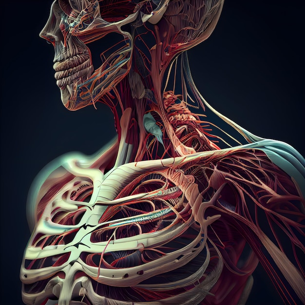Foto esqueleto humano com renderização 3d de anatomia do sistema circulatório