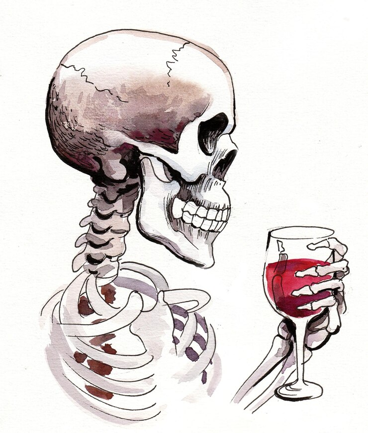 Foto esqueleto humano com um copo de vinho tinto. desenho a tinta e aguarela