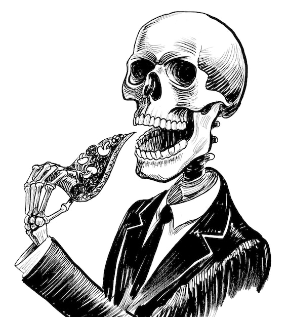 Esqueleto humano comendo fatia de pizza. Desenho de tinta preto e branco