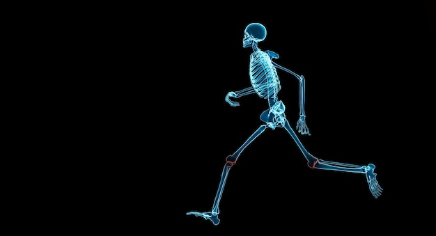 Esqueleto humano corriendo con luz roja alta en la rodilla Osteoartritis en la articulación de la rodilla cuando se ejecuta el concepto de representación de ilustración 3d