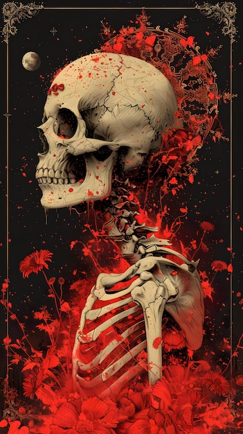 Esqueleto humano y cráneo expuestos con flores rojas en una exposición de arte