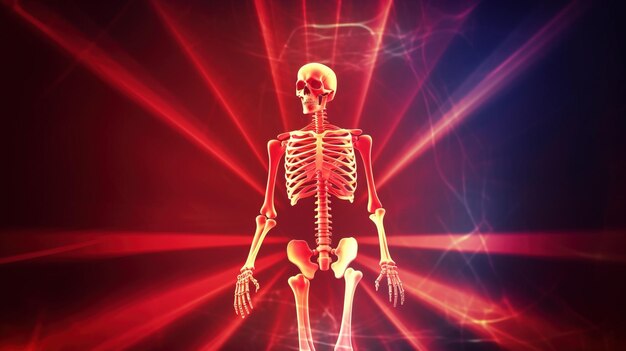 Esqueleto humano en fondo oscuro de luz roja Anatomía del cuerpo científico exhibición médica generada por IA