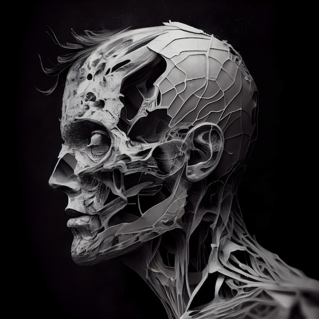 Esqueleto humano hecho de metal blanco sobre fondo negro ilustración 3d