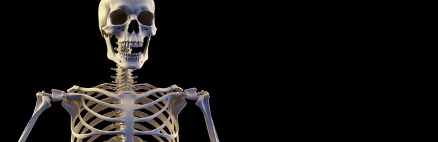 Esqueleto humano isolado de fundo preto Exposição médica de anatomia do corpo científico Banner de cabeçalho