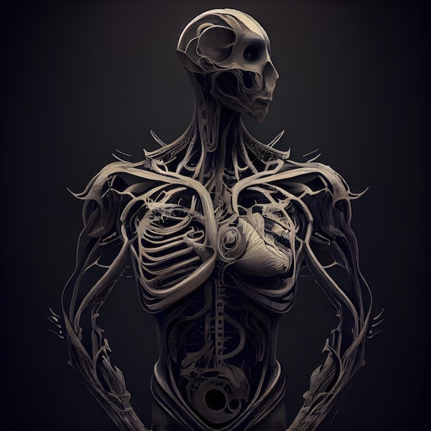 Esqueleto humano con mapas musculares en ilustración 3D de fondo oscuro