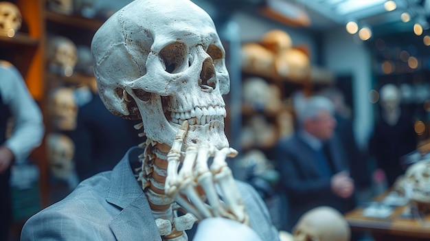 Esqueleto humano en un primer plano en un escaparate Cráneo de un pirata en el museo Foco selectivo