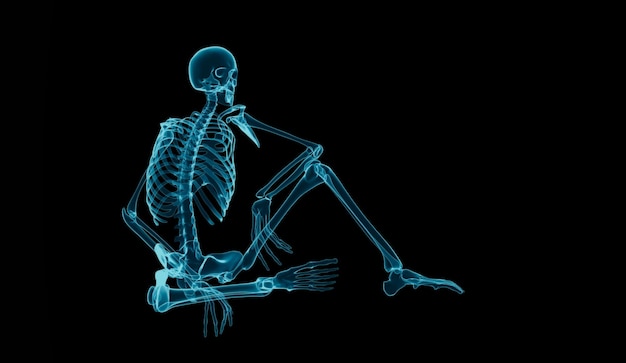 Esqueleto humano sentado na renderização de ilustração 3d do modo de raio-x