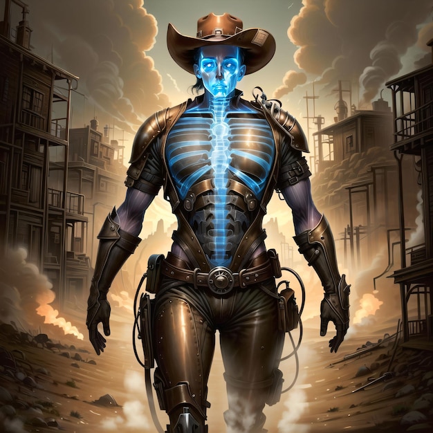 Un esqueleto con luces azules y un sombrero de vaquero en una ciudad del oeste