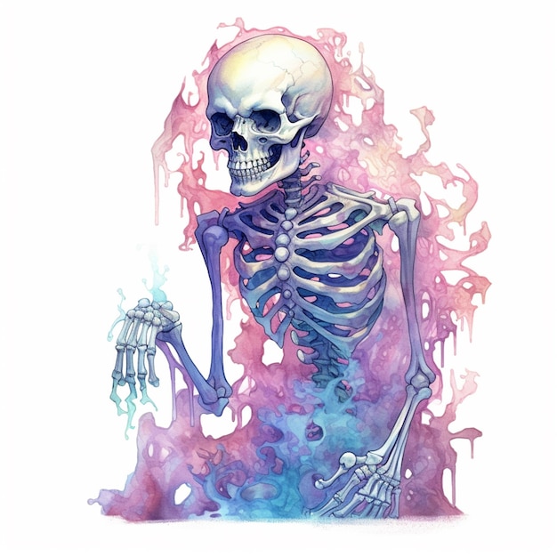 esqueleto con una mano brillante y un fondo rosa ai generativo
