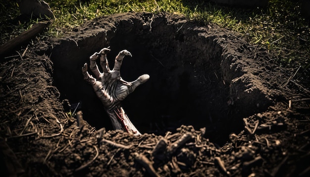 Foto esqueleto de mano saliendo del agujero ai generado