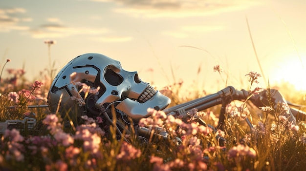 Esqueleto metálico de androide yace en el campo con flores al atardecer roto descartado robot destruido Detalles y componentes del bot androide muerto