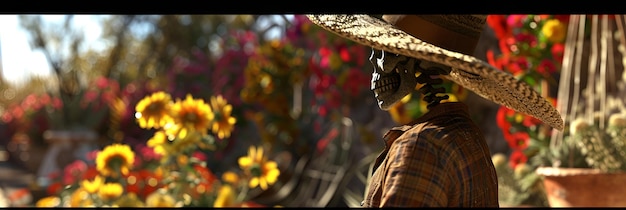 Esqueleto mexicano em chapéu e casaco tradicionais para a celebração do festival Dia de los muertos