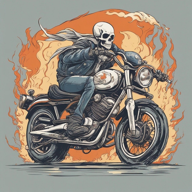 un esqueleto montando una motocicleta con una chaqueta y jeans con un diseño de camiseta de fuego listo para vectores