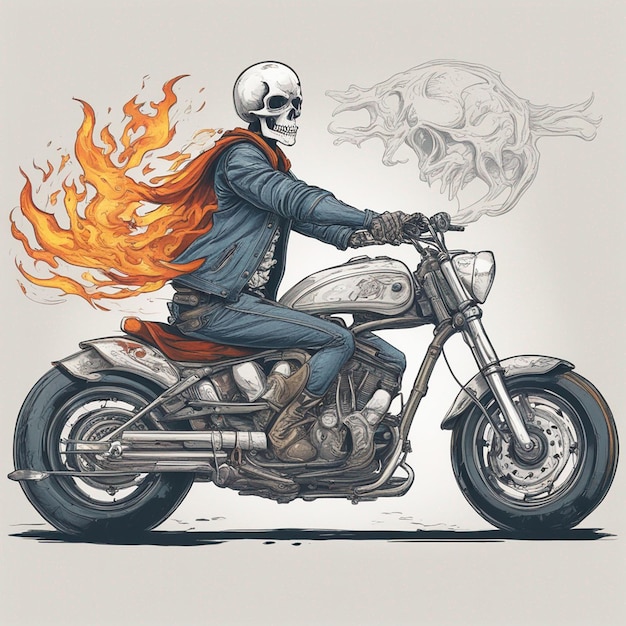 un esqueleto montando una motocicleta con una chaqueta y jeans con un diseño de camiseta de fuego listo para vectores