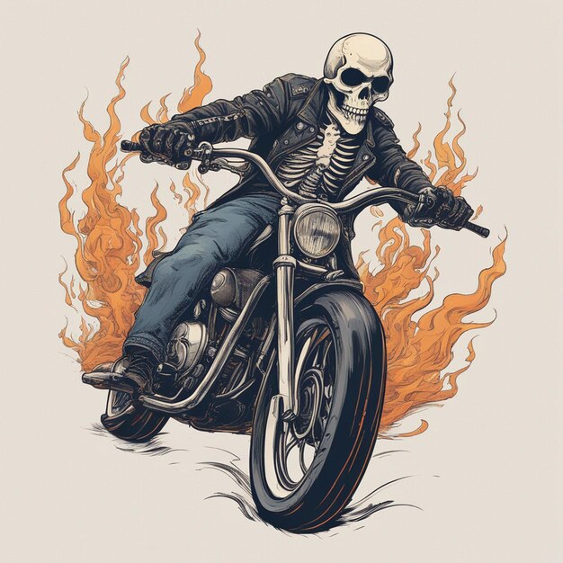 Foto un esqueleto montando una motocicleta con una chaqueta y jeans con un diseño de camiseta de fuego listo para vectores