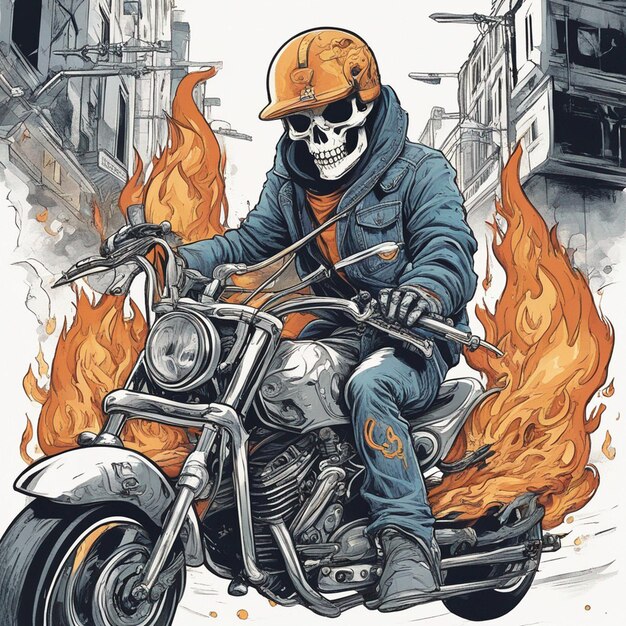 Foto un esqueleto montando una motocicleta con una chaqueta y jeans con un diseño de camiseta de fuego listo para vectores