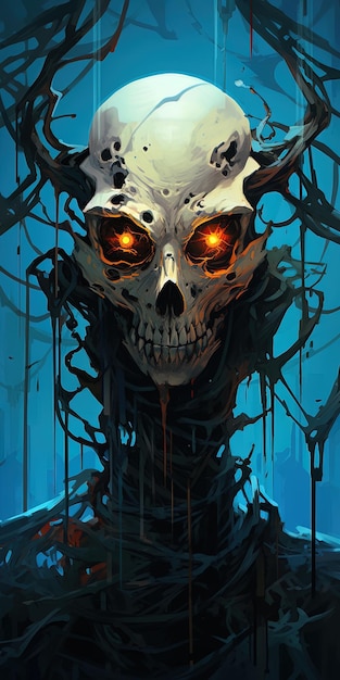 un esqueleto con ojos brillantes y un cráneo con un cráneo en el medio