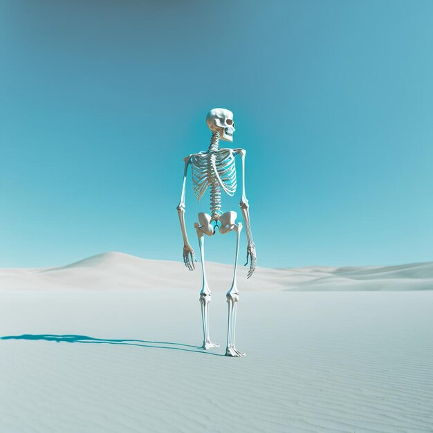 Esqueleto de pie en el escenario del desiertoTecnología de IA generativa