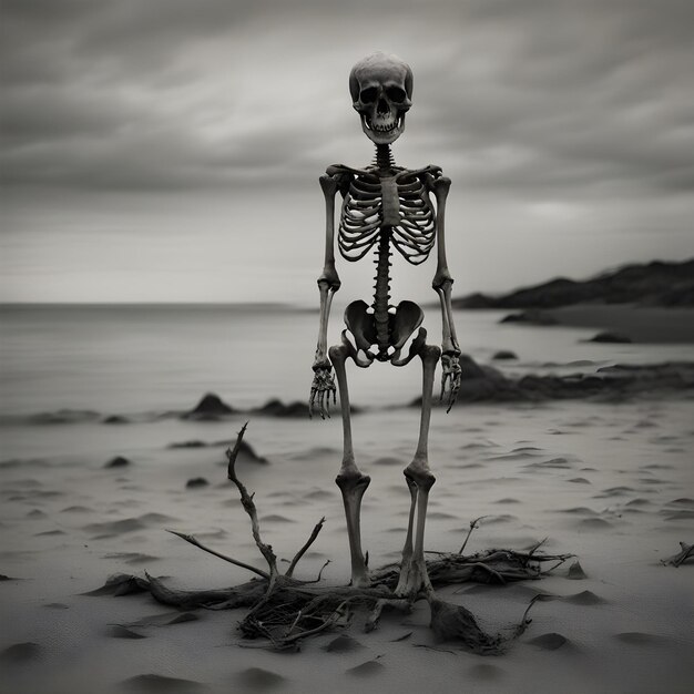 Foto un esqueleto de pie en la playa con el océano en el fondo