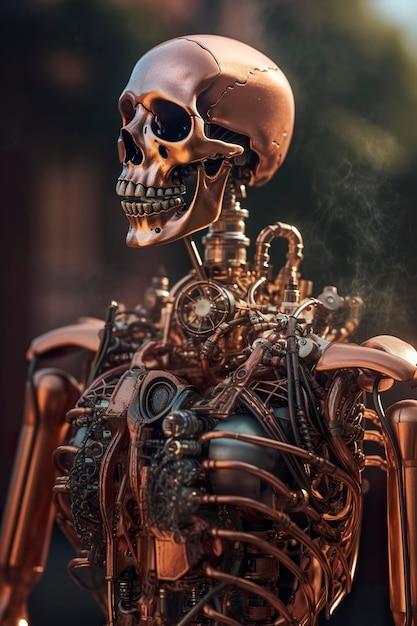 El esqueleto robótico steampunk de cuento de hadas emerge del corazón y los pulmones humeantes de cobre líquido dentro de su pecho caminando por la ciudad steampunk genera ai