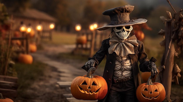 Esqueleto segurando um bloco de madeira na floresta de abóboras e sprites de Halloween