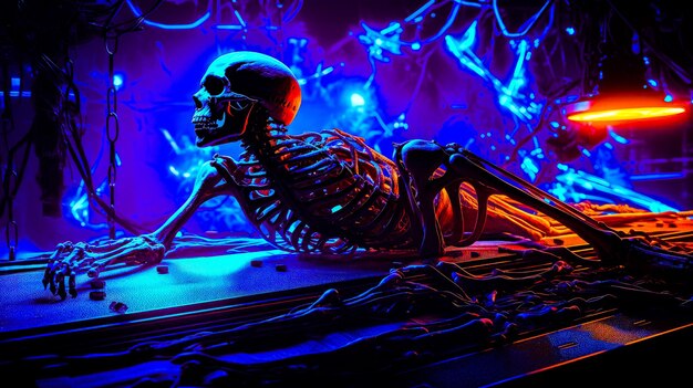 Esqueleto sentado encima de la mesa en una habitación llena de luces de neón IA generativa
