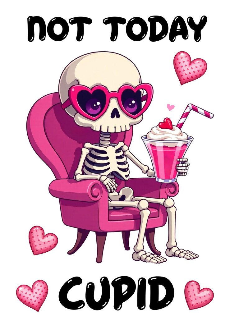 Foto un esqueleto sentado en una silla rosada sosteniendo un cóctel con un corazón y paja a rayas el texto no hoy cupido añade un toque sarcástico al día de san valentín