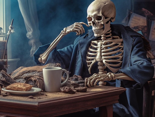 Un esqueleto se sienta en una mesa con un plato de galletas y un plato de galletas.