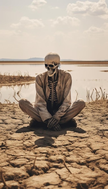 un esqueleto se sienta en la orilla de un lago.