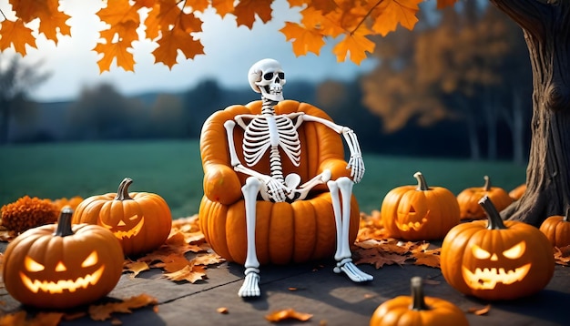 un esqueleto se sienta en una silla naranja frente a algunas calabazas