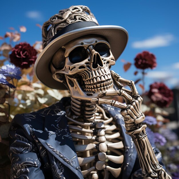 Foto esqueleto en un sombrero y chaqueta fumando un cigarrillo generativo ai