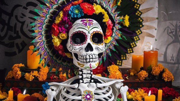 un esqueleto con un sombrero colorido y una flor colorida en él