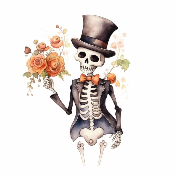 esqueleto en sombrero de copa sosteniendo un ramo de flores generativo ai