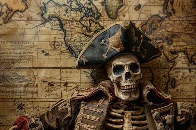 Un esqueleto con un sombrero de pirata está sentado en un mapa