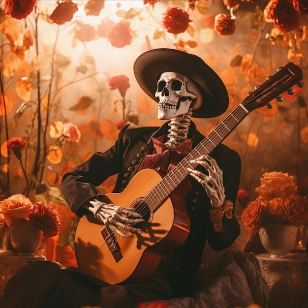 Foto esqueleto en un sombrero toca la guitarra sobre un fondo de flores