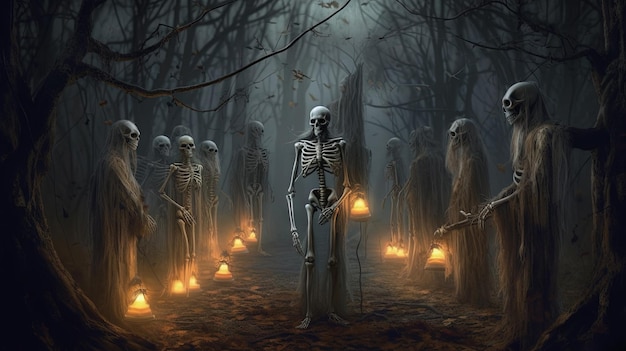 Esqueleto sosteniendo la lámpara en un bosque oscuro durante la festividad de Halloween Arte oscuro con monstruos en el bosque en otoño IA generada