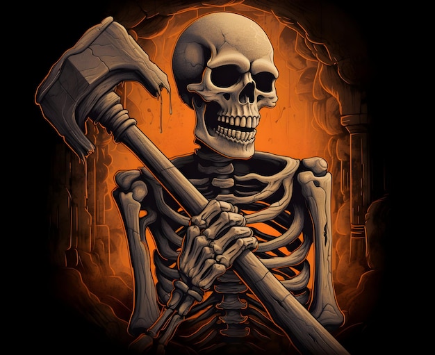 un esqueleto sosteniendo un martillo