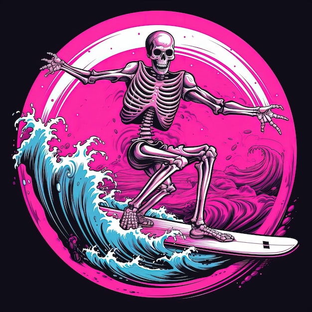 Foto esqueleto surfeando en una tabla de surf ilustración vectorial al estilo de autopunk