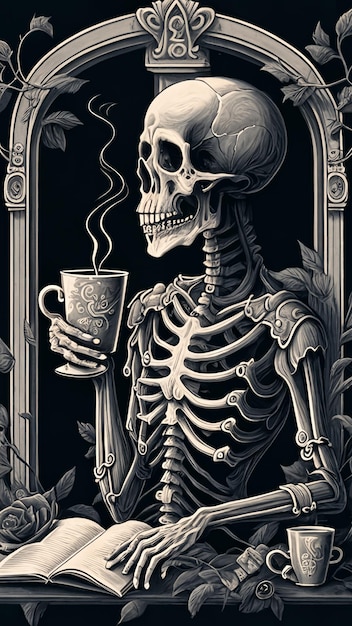 Un esqueleto con una taza de té en la mano sostiene una taza de té.