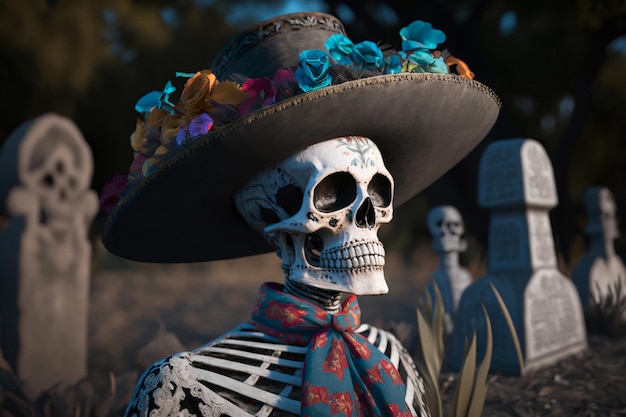 Foto esqueleto en traje tradicional mexicano y sombrero sombrero dia de muertos ia generativa