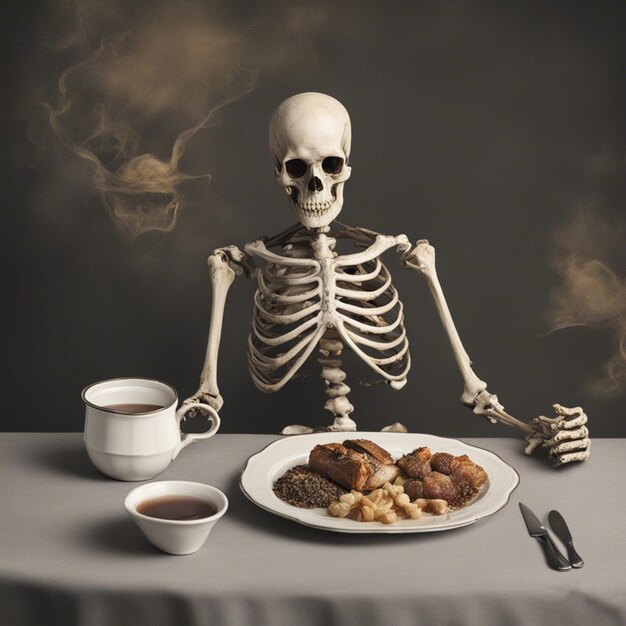 Esqueleto con un vaso de té y un plato de comida en un papel tapiz de mesa